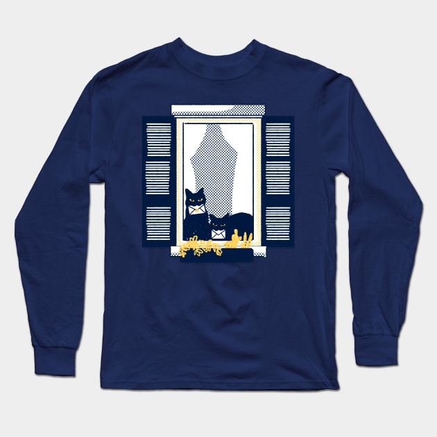 Windowsill cats - Black cat duo on a tipical italian window in a "Milano yellow" building holding le Long Sleeve T-Shirt by tostoini